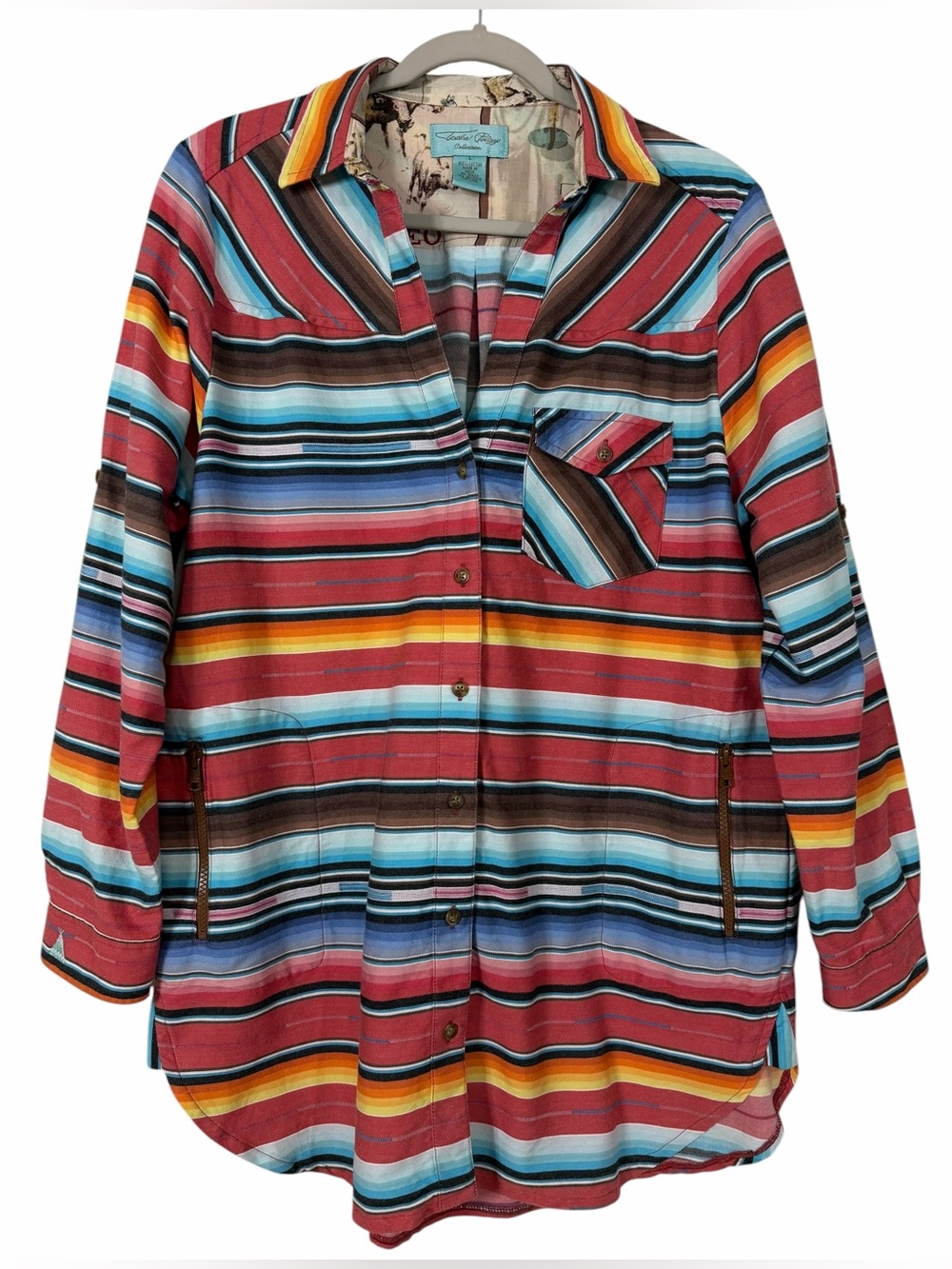 Tasha Polizzi Serape Western Tunic Top Button Up Striped Shirt Size Large